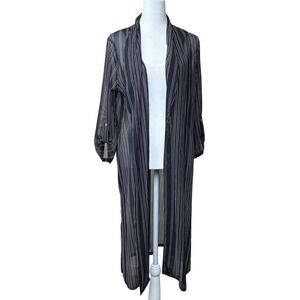 Ember Womens Sheer Mesh Pinstripe Duster Cardigan Black White Roll Tab Sleeve L